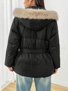 SHEIN EZwear Plus Size Women Winter Waisted  Fluffy Hooded Down& FeathersJacket - Black - View 2