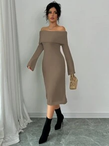 Elenzga 1 buah Gaun Sweater Rajut Hangat Lengan Panjang Model A-Line Tanpa Bahu Warna Beige untuk Wanita, Musim Gugur/Dingin - Khaki - View 4