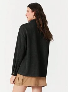 Muchica Women Vintage Casual Faux Suede Black Loose Jacket Shirt Style For Autumn/Winter - Black - View 2