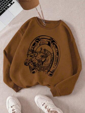Tween Girl Casual Round Neck Cozy Sweatshirt With Horse & Horseshoe Pattern, Basic Long Sleeve Top For Autumn/Winter