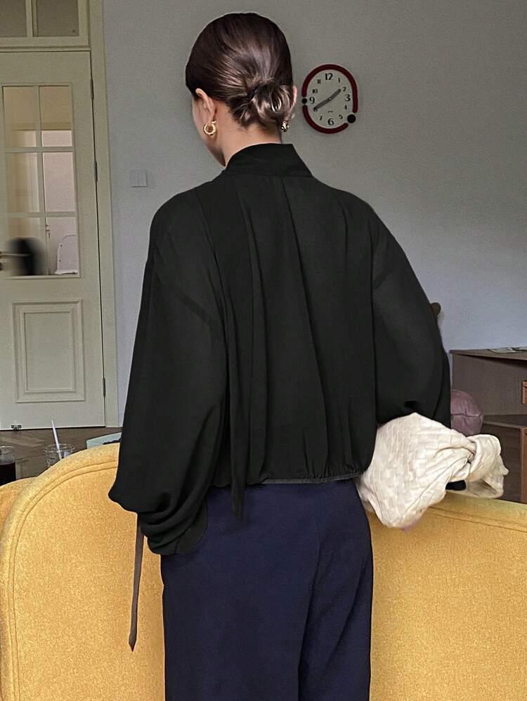 Loose Fit Solid Color Long Sleeve Tied Women Blouse,Fall Clothes