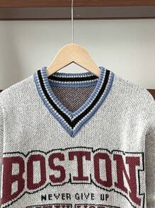 Tween Boy Casual Letter Print Color-Blocked Ribbed V-Neck Loose Sweater, Suitable For Autumn, Spring, And Winter, Ideal For Outdoor Play, School, Street Style, Party, And Casual Wear, Can Be Worn As An Undershirt Or Outerwear