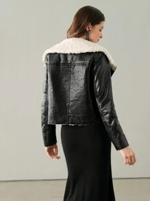 Anewsta Women's Fashionable Color Block Turndown Collar Dual Pocket Short Jacket - Black - View 2