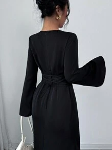 Chiquease 1 件女式缎面优雅长款褶皱腰系带圆领中长连衣裙，秋季长款女装 - 黑色 - 查看 6