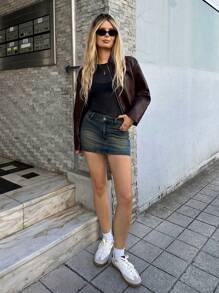 Forever 21 Blue Washed With Pockets Bodycon Sexy Mini Denim Skirt - Dark Wash - View 3