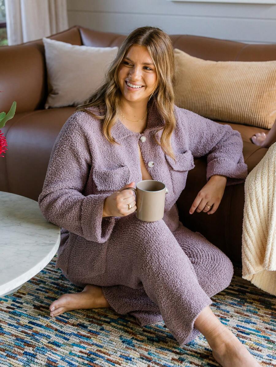 Aralina Curve Cosy Soft Boucle Patch Pocket Mid Rise Lounge Straight Leg Pants