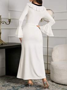 Modelyn Women's Casual Contrast Color Patchwork Front Tie Long Sleeve Ruffle Trim Dress Long Evening Dresses - White - View 2