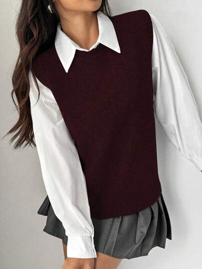 Chiquease كنزة صوفية صوفية كاجوال بياقة دائرية لون سادة للنساء، خريف/شتاء