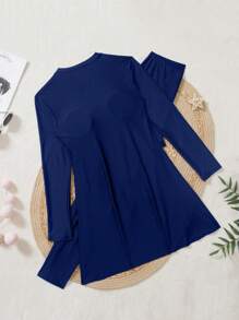 Swim Mulvari 2 món/Bộ đồ bơi Burkini màu trơn cho nữ mùa hè đi biển và quần yếm có dây rút - Màu xanh hải quân - Xem 4