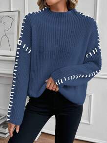 SHEIN LUNE 秋冬新款漏斗领宽松休闲长袖套头毛衣针织衫 - 藏蓝色 - 查看 5
