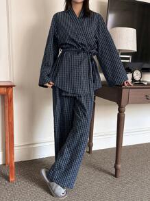 DAZY 女士休闲格子印花长袖睡衣套装，秋冬服装 - 藏蓝色 - 查看 4