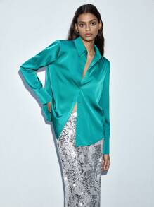 Maija Blusa casual de mujer de satén de color verde turquesa elegante, apropiada para primavera y verano - Verde Oscuro - Ver 3