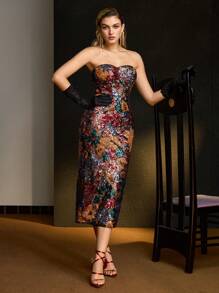 MOTF PREMIUM SEQUIN FLORAL PATTERN TUBE MIDI DRESS - Multicolor - View 2