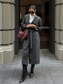 Aloruh 女式翻领长袖仿旧 PU 皮革长款风衣，深灰色，秋冬 - 深灰色 - 查看 5