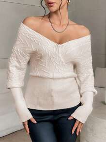 SHEIN Privé Women Apricot Color Cable Knit V-Neck Long Sleeve Sweater Top - Apricot - View 4