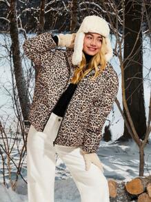 SHEIN EZwear Leopard Print Woven Women Winter Long Sleeve Zipper Collar Hooded Padded Coat - Mocha Brown - View 2