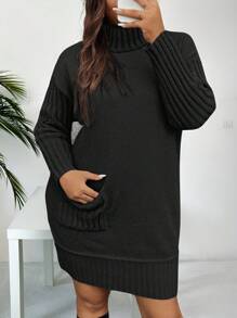 SHEIN LUNE Robe-pull casual à col roulé, manches longues, poches, couleur unie, grande taille, automne/hiver