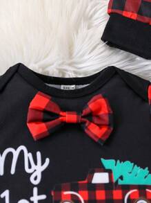 Newborn Baby Boy Christmas Slogan Graphic Contrast Trim Jumpsuit & Hat(3-24M)