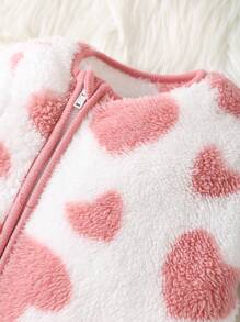 SHEIN Enterizo de franela con cierre frontal y cuello y puños acanalados, estampado minimalista de corazón, para recién nacidas, para uso en casa en otoño/invierno - Multicolor - Ver 3