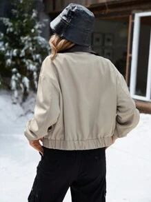 Aveloria Affinna Kurtka w stylu college'u Cool Girl PU Patchwork w kontrastowym kolorze z zamkiem błyskawicznym i długimi rękawami, dla kobiet zimą