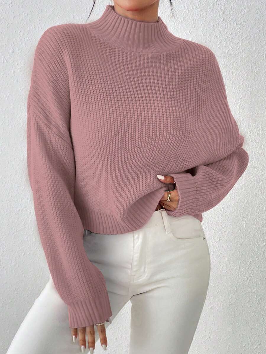 女士基础款可爱短款毛衣，休闲轻盈舒适罗纹针织短款套头衫，长袖毛衣，露脐上衣，灰粉色