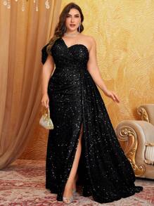 UNITHORSE 加大码 1 件不对称连衣裙，背部交叉设计，腰部荷叶边装饰，优雅露背晚礼服，婚礼宾客礼服，正式礼服，秋季女装