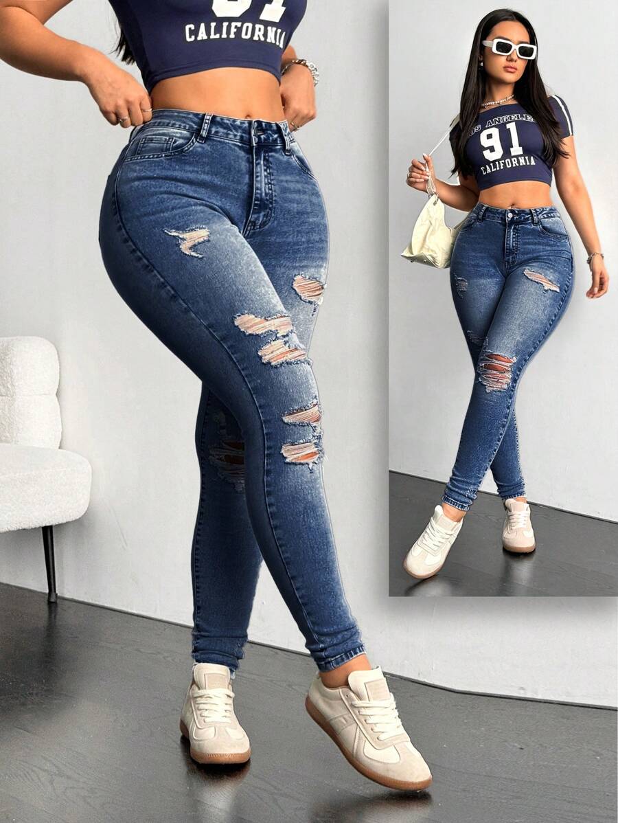 SHEIN EZwear 女士破洞口袋修身休闲牛仔裤 - 深色水洗藍 - 查看 1