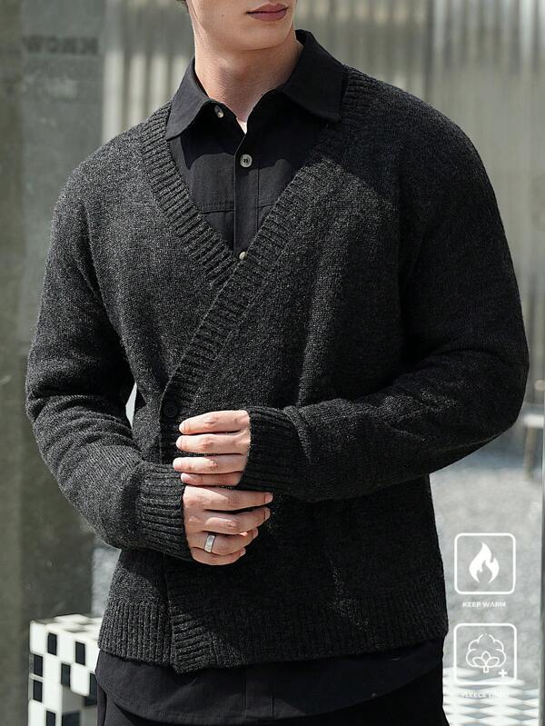 Manfinity Hypemode Men's Casual Solid Color Wrap Cardigan, Autumn/Winter