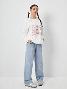 2 件套青少年女孩休闲白色宽松蝴蝶印花蝴蝶结 T 恤和休闲蝴蝶结刺绣直筒牛仔裤，极简时尚，适合日常穿着 - 白色 - 查看 6