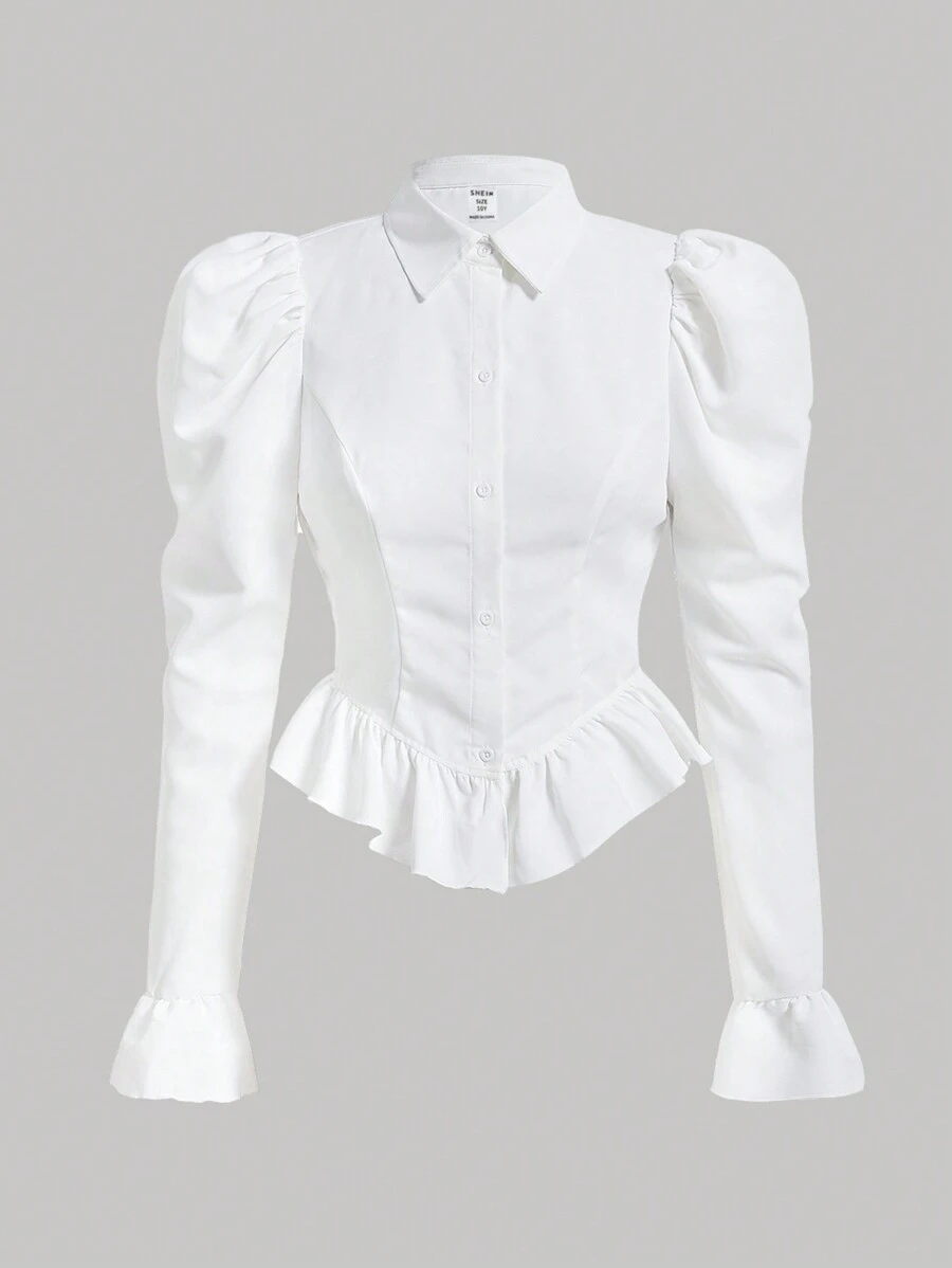 SHEIN Girlism 少女宽松休闲简约舒适灯笼袖荷叶边泡泡袖白色长袖衬衫 - 白色 - 查看 1