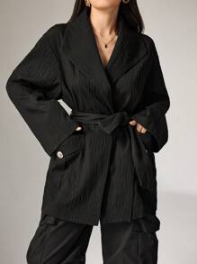 Heiryn Women's Solid Color Front Tie Long Sleeve Pocket Casual Jacket - Black - View 3