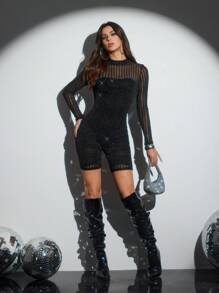 HEAVINZ LANE Designer Shiny Glitter Mesh Stripe Romper With Plain Black Skinny Romper Set, For Party, Holiday Outfit, Festival - Black - View 1