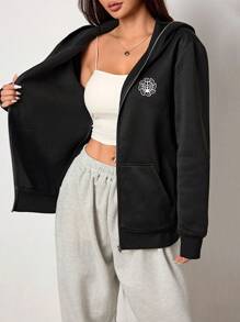 SHEIN EZwear 1pc Women Solid Color Knit Hooded Long Sleeve Loose Fit Sweatshirt - Black - View 4