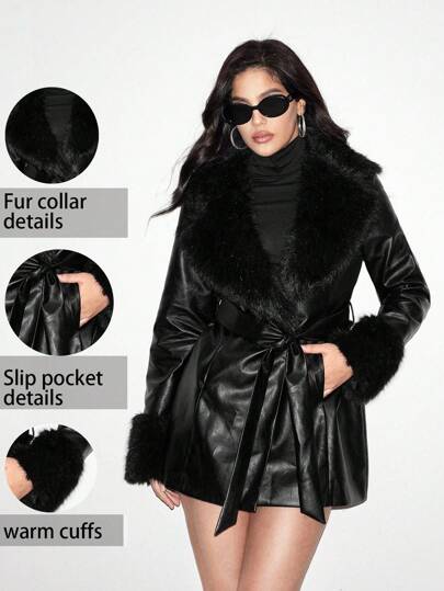 Zolique Women's Elegant Cold-Proof Themal Fluffy Stitching Lace-Up Solid Color PU Leather Winter Coat,Winter Women Clothes,Thermal Fall Cloth For Women