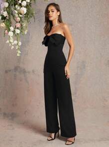 L'Amorae 别致的双色连体裤搭配黑色蝴蝶结上衣和白色阔腿裤 - 黑色 - 查看 4