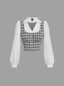 SHEIN MOD Camisa de mujer casual con cuello de contraste, parche y estampado de pata de gallo, ideal para otoño/invierno, regreso a la universidad, Acción de Gracias, camisa abotonada, básica con mangas acampanadas, para trabajo, ropa de trabajo, camisa formal, casual de negocios para oficina