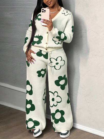 Slaydiva 2025秋冬新品/女装秋装/万圣节/女装秋冬装新年假期新款秋冬休闲简约V领长袖开襟外套+阔腿裤白底绿碎花毛呢套装女毛衣两件套-A