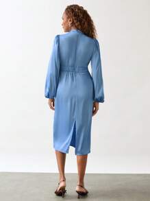 SHEIN Unity 女式秋季褶皱简约灯笼袖古着风格优雅连衣裙 - 淺藍色 - 查看 2