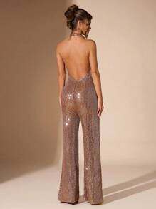 SHEIN BAE Autumn/Winter Solid Khaki Sparkling Sequin Sexy Minimalist Elegant Plunging Neck Backless Flare Leg Jumpsuit, Suitable For Cocktail Party, Romantic Date, Autumn/Winter Underlayer, Party, Halloween, Christmas - Khaki - View 1