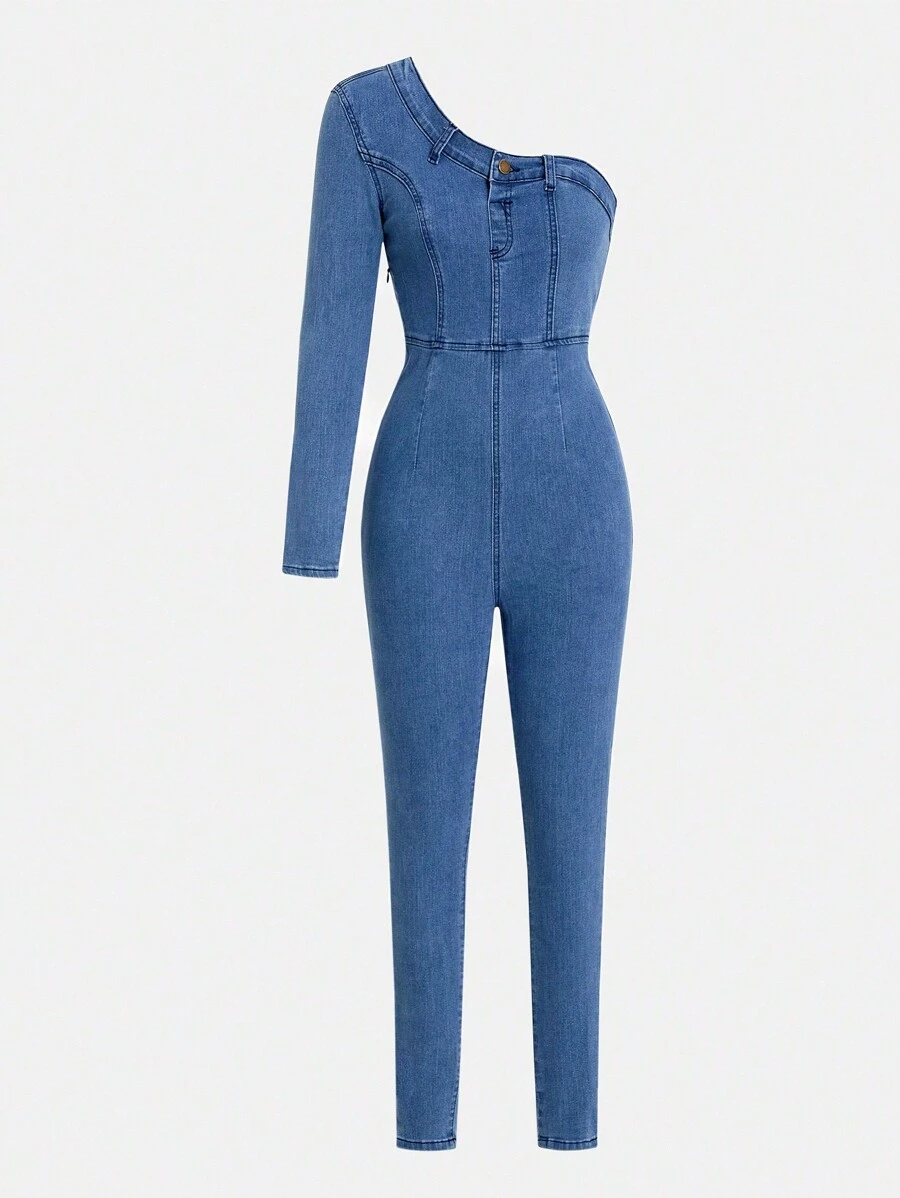 Women's Casual Denim Jumpsuit With Oblique Shoulder And Front Button Detail, Long Sleeve - Dark Wash - View 1