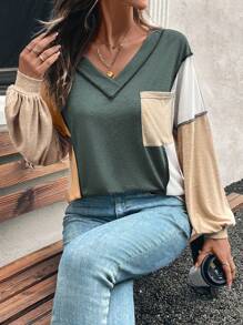 SHEIN LUNE 女士休闲宽松 V 领长袖 T 恤，拼色缝线，外露口袋设计，适合娇小身材 - 彩色 - 查看 6