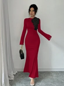 SHEIN Unity Women 3D Floral Decor Ruffle Stand Collar Bell Sleeve Fishtail Hem Fitted Long Dress - Burgundy - View 6