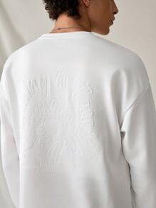 Manfinity VCAY 2 件套年轻男士休闲针织套装，刺绣宽松长袖 T 恤和松紧腰直筒裤，日常穿着套装 - 白色 - 查看 4