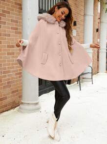 Chiquease 优雅通勤高贵品质毛领连帽口袋保暖防风保暖面料连帽斗篷式大衣