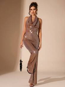 SHEIN BAE Autumn/Winter Solid Khaki Sparkling Sequin Sexy Minimalist Elegant Plunging Neck Backless Flare Leg Jumpsuit, Suitable For Cocktail Party, Romantic Date, Autumn/Winter Underlayer, Party, Halloween, Christmas - Khaki - View 8