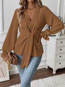 Chiquease 1pc Women's Autumn Solid Color Waist Tie Lantern Sleeve Blouse - Khaki - View 3