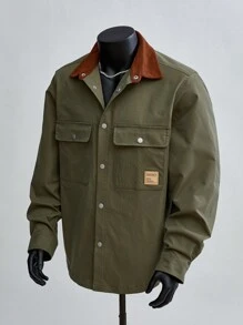 Manfinity VCAY 1件男士休闲宽松拼接长袖衬衫，秋季款 - 橄欖綠 - 查看 1