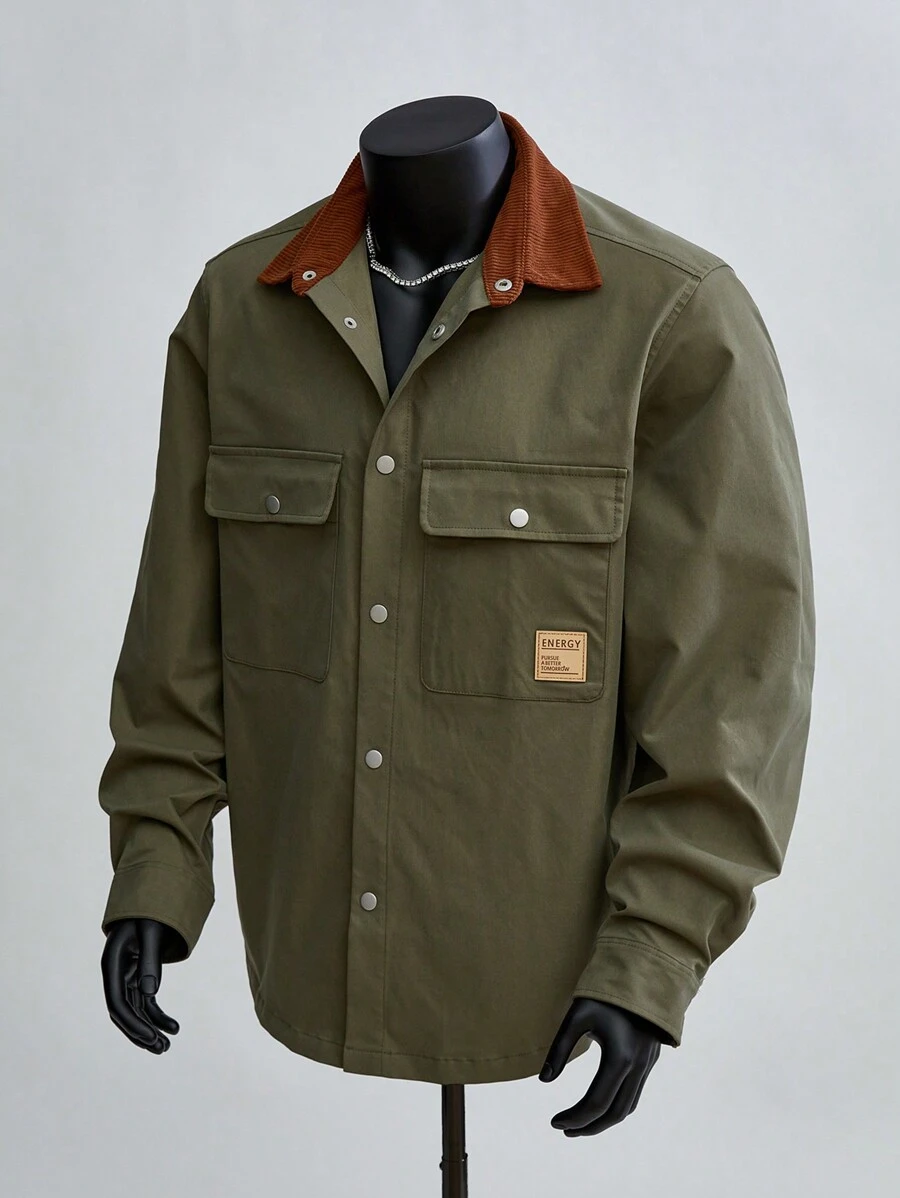 Manfinity VCAY 1件男士休闲宽松拼接长袖衬衫，秋季款 - 橄欖綠 - 查看 1