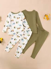 4pcs Baby Boys Casual Cute Knit Excavator Allover Print Long Sleeve Crew Neck Top And Allover Print Long Pants, Snug Fit Pajama Set