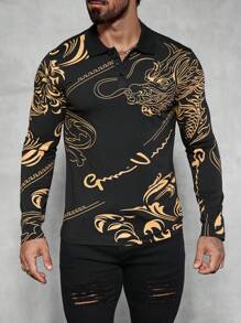 Manfinity Homme 1 件男士龙印花长袖 Polo 衫，秋季商务休闲装，男朋友礼物，龙图案印花 - 彩色 - 查看 5